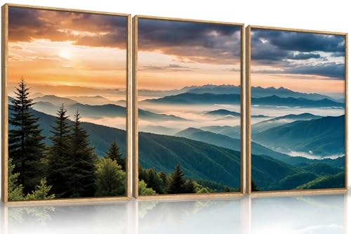 LHIUEM Large Nature Mountain Sunrise Framed Canvas Wall Art, Abstract Landscape Art Print for Living Room, Bedroom, Office - 16"x24"x3 - color: Boho Forest Mountain Wall Art, size: 24"L x 16"W