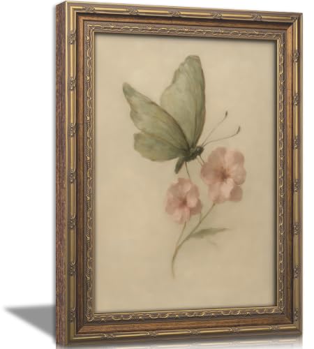 Vintage Gold Framed Wall Art, Retro Butterfly and Pink Flower Oil Painting Canvas Prints, Beige Insect Picture, Rustic Farmhouse Moth Cottagecore Poster Artwork for Living Room Bedroom Bathroom - color: Butterfly, size: 24"L x 16"W
