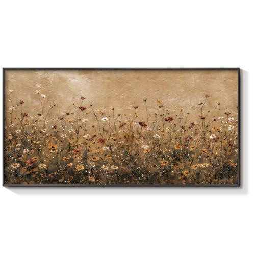 HUARCEY Metal Framed Textured Sandstone Wildflower Wall Art, Vintage Floral Landscape Wall Decor for Living Room Bedroom Office Bathroom, Nature Flower Oil Painting Prints Decorations 20"X40" - color: Flower field