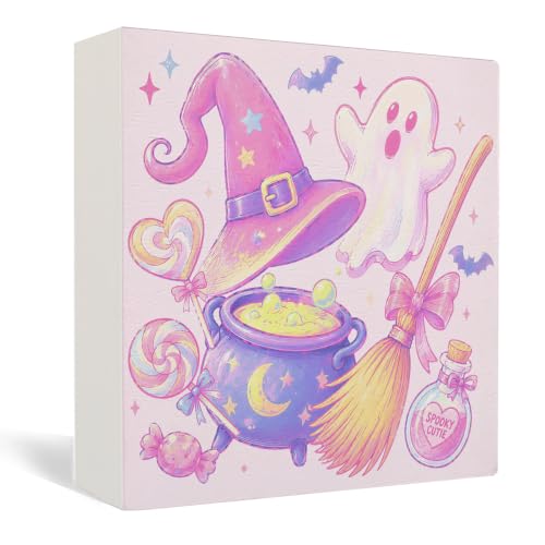 Pastel Pink Halloween Witchy Ghost Wooden Box Sign Desk Decor - color: Pink Halloween