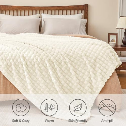 BEDELITE 3D Checked Cream Fleece Throw Blanket for Couch, 50x60 Inches - color: Cream White, size: Throw(50"x60")