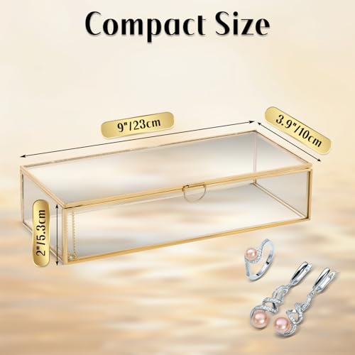 MYFULLY Vintage Gold Glass Jewelry Box with Lid (9 x 3.9 x 2 inch) - size: 9 x 3.9 x 2 inch