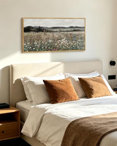 KUVIOKE Vintage Landscape Framed Wall Art 20x40in Large Meadow Sea of Flower Field Wall Prints Classic Retro Farmhouse Rustic Decorations for Living Room Bedroom (Natural Framed) - color: Wildflower, size: 40"L x 20"W