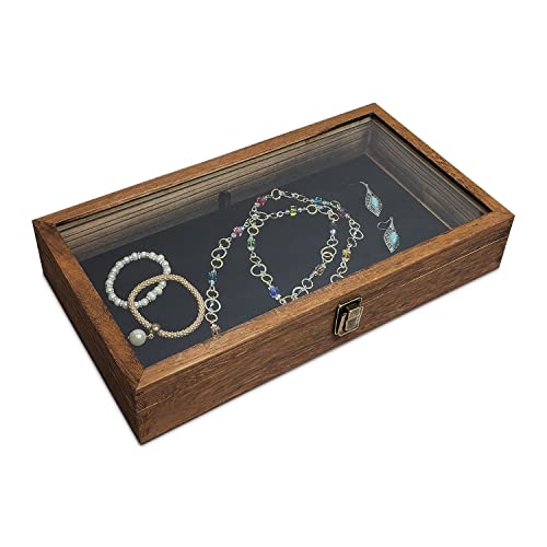 MOOCA Wood Jewelry Display Case with Tempered Glass Top, Velvet Pad - color: 9A) Brown, 2.75 Inch High
