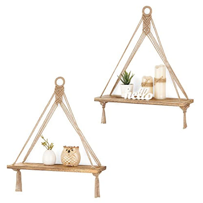 Mkono Macrame Hanging Shelves Boho Wall Decor Set of 2 Floating Wood Shelf - color: Brown