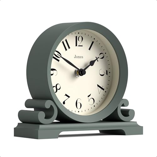 JONES CLOCKS® Saloon Mantel Clock | Small Traditional Double Scroll Design | Green | Contemporary Classic Style for Desk, Table, Shelf or Bedside - color: Asparagus Green