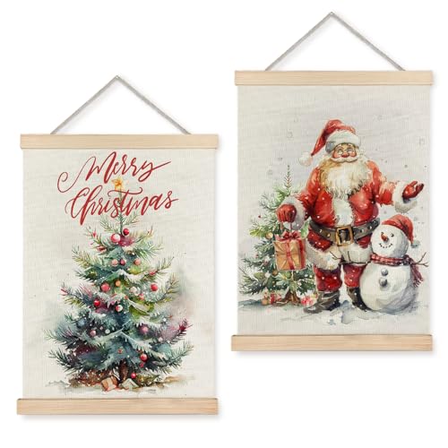 LUVADIAN Merry Christmas Wall Art with Wood Poster Hanger Set of 2, Christmas Tree Wall Decor Santa Claus Snowman Posters Artwork for Walls Decorations, 12x16 Inches - color: Christmas Santa Claus, size: 12x16