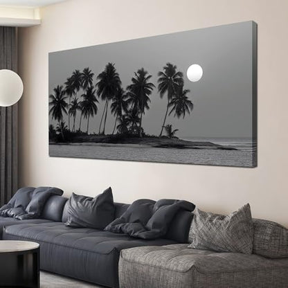 Black Coastal Wall Art Ocean Landscape Tropical Palm Tree Artwork 24"x48" - size: 24"L x 48"W