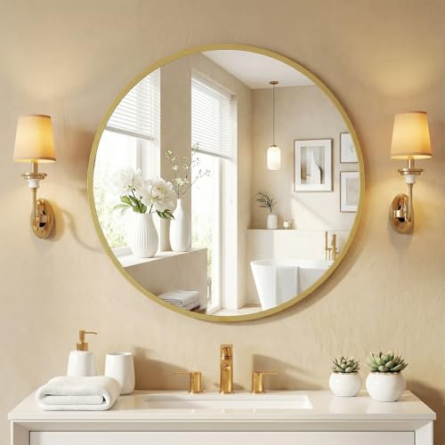 NEWBULIG 20 Inch Round Wall Mirror, Bathroom Mirrors for Over Sink - color: Gold-round, size: 20"L x 20"W