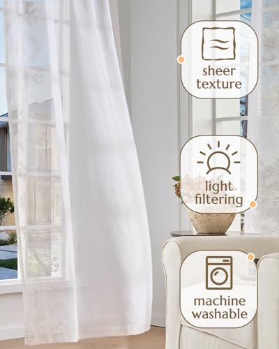 jinchan Floral Linen Curtains, Back Tab 50x63 Inch, 2 Panels White - color: S | White, size: 50"W x 63"L (Pack of 2)