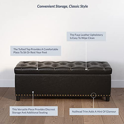 BELLEZE Storage Ottoman, Tufted Ottoman with Close Hinge, Foot Rest for Living Room (Dark Brown, 47 inch) - color: Dark Brown