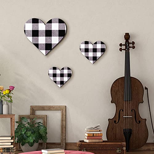 Jetec 3 Pcs Wood Heart Wall Decor Farmhouse Plaque, Black and White Plaid - style: Black and White Plaid
