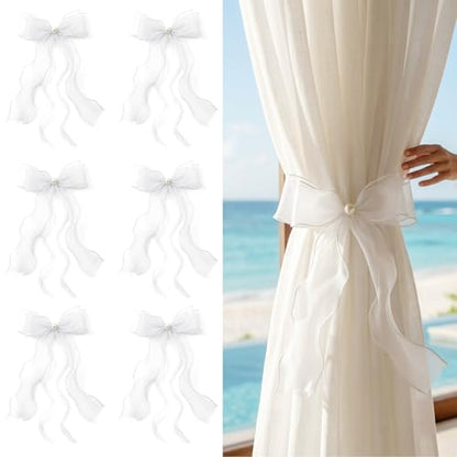 White Lace Bow Curtain Tiebacks 6-Pack, Vine Floral Curtain Holdbacks - color: Sheer White