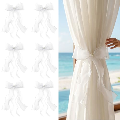 White Lace Bow Curtain Tiebacks 6-Pack, Vine Floral Curtain Holdbacks - color: Sheer White
