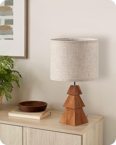 Wood Table Lamp, Wood Bedside Lamp with Tree-Shaped Base & Linen Lampshade, Modern Cute Desk Lamp for Living Room, Bedroom, E26 Base, Bulb Not Included, Beige and Dark Natural LE08TL05 - color: Beige+Pearwood Tree Shaped