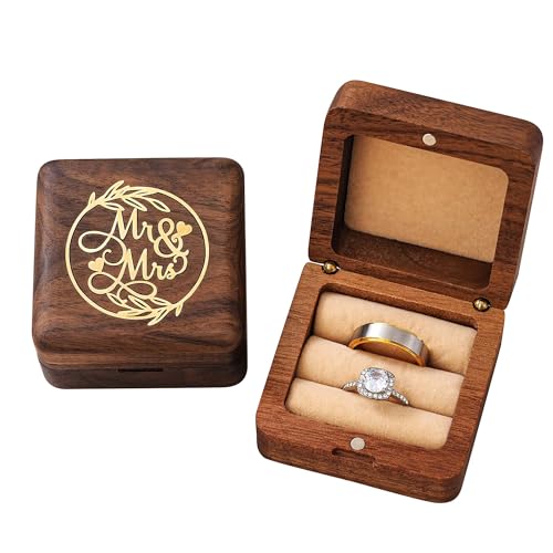 KWOOD Custom Wooden Wedding Ring Box for 2 Rings, Engraved Mr & Mrs Double Ring Holder for Wedding Ceremony Ring Bearer Box Anniversary Birthday Gift Ideas - style: G-Mr & Mrs