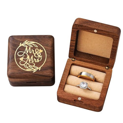 KWOOD Custom Wooden Wedding Ring Box for 2 Rings, Engraved Mr & Mrs Double Ring Holder for Wedding Ceremony Ring Bearer Box Anniversary Birthday Gift Ideas - style: G-Mr & Mrs