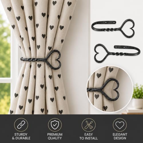 Hand Forged Heart Shape Curtain Holdbacks Set of 2Pcs Wrought Iron Handmade Curtain Tie Back Metal Wall Mounted Window Decorative Tiebacks Curtain Hook Drapes Metal Holders by Living Ideas, LIAMZ353