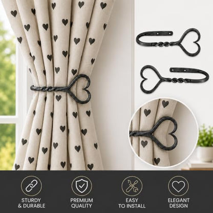 Hand Forged Heart Shape Curtain Holdbacks Set of 2Pcs Wrought Iron Handmade Curtain Tie Back Metal Wall Mounted Window Decorative Tiebacks Curtain Hook Drapes Metal Holders by Living Ideas, LIAMZ353