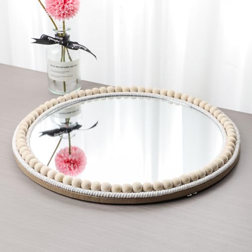 15 Inch Boho Beaded Round Mirror Wall Decor, Decorative Hanging Circle Nursery Mirrors for Girl Room, Farmhouse, Livingroom, Bedroom - size: 15"L x 15"W