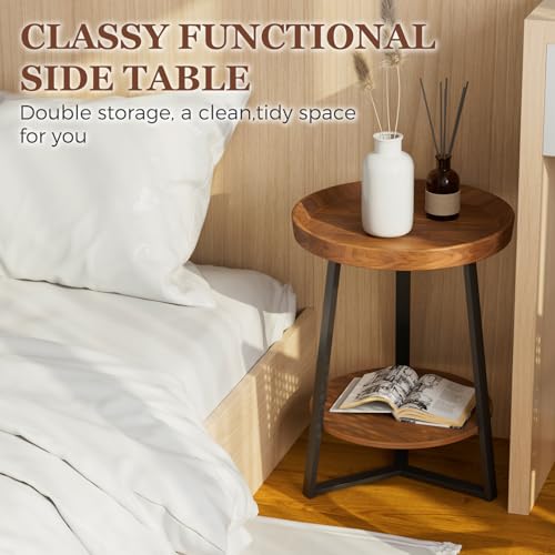 Gadroad Round End Table with Storage Shelf, Brown - color: Brown, size: 15.7"D x 15.7"W x 23"H (no Charging Station)