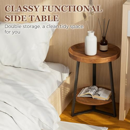 Gadroad Round End Table with Storage Shelf, Brown - color: Brown, size: 15.7"D x 15.7"W x 23"H (no Charging Station)