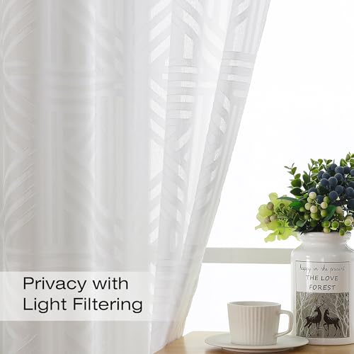 Simplebrand Sheer White Curtains 72 Inch Length 2 Panels for Living Room, Light Filtering Geometric Jacquard Clip Textured Semi Sheer Curtains for Front Back Patio Glass Door with Rod Pocket，42x72 in - color: White, size: 42"W x 72"L (Pack of 2)