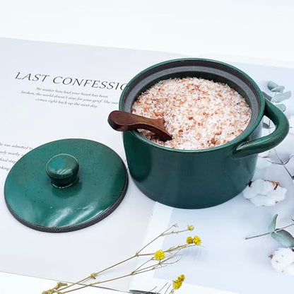 12 oz Ceramic Salt Cellar with Lid & Wooden Spoon,Countertop Salt Container,Sugar Bowl,Spices Jar| Artisan Kitchen Decor(Green B) - color: Green B