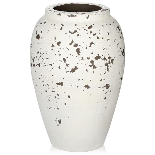 Handcrafted Flower Vase, 10.5" Tall Terracotta Vases, Vintage Rustic Ceramic Vase Décor, Wide Mouth, Matte Finish for Home Office Resto Café Décor - color: White Rustic 10.5"