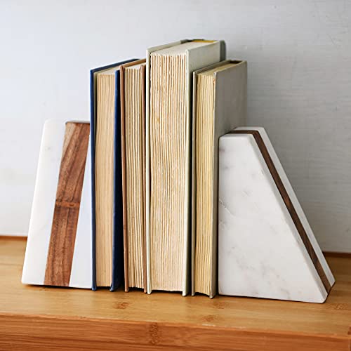 Main + Mesa Marble Geometric Bookends with Wood Inlay, White - size: 4" wide x 6" tall x 3" deep