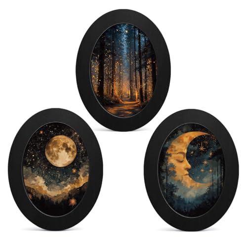 3Pcs Vintage Mystical Celestial Small Oval Wall Art Framed Home Decor | Victorian Night Moon Forest Oval Wall Decor - Aesthetic Canvas Prints Hanging Decor for Home Farmhouse Bedroom - color: color-A