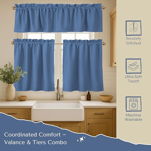 Native Fab 3 Piece Window Curtain Tiers 26"x36" and Valance 54"x18" Set - Rod Pocket - Semi Sheer - Short Curtain for Kitchen, Cafe, Living Room - Sky Blue - color: Sky Blue
