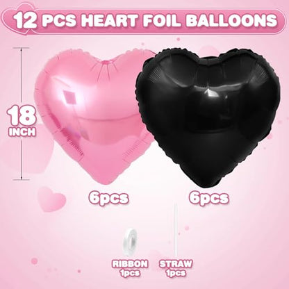 Pink Black Heart Foil Balloons,12Pcs 18Inch Heart Shaped Balloons - color: Black Pink