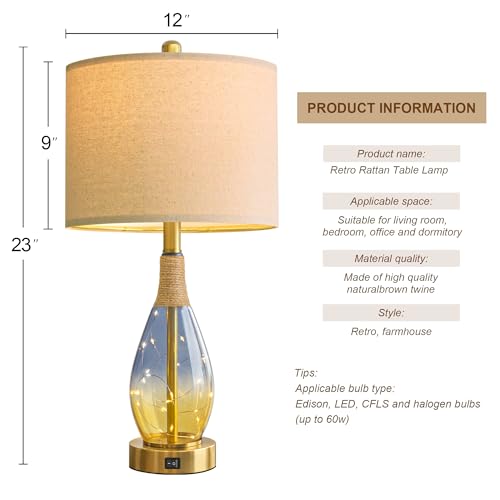 OYEARS 23" Table Lamps for Living Room Set of 2,Bedside Lamps for Night Stands, Rattan Lamps for Bedroom,Farmhouse Lamps with Glass Nightlight,Two Light Points - color: Yellow Blue