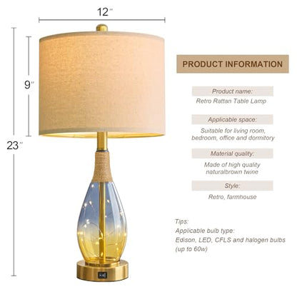 OYEARS 23" Table Lamps for Living Room Set of 2,Bedside Lamps for Night Stands, Rattan Lamps for Bedroom,Farmhouse Lamps with Glass Nightlight,Two Light Points - color: Yellow Blue