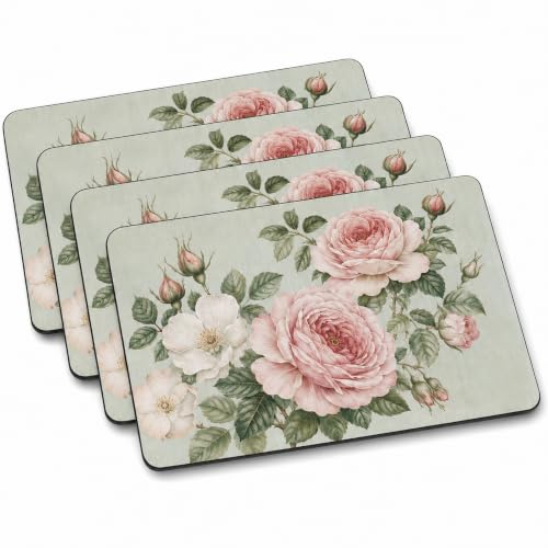 Pimpernel Antique Roses Cork-Backed Placemats - Beige, Set of 4 - size: 15.7" x 11.7" Rectangular, style: Antique Roses