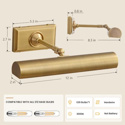 12 inch Brass Picture Light Hardwired Picture Lights for Wall - color: Brass, size: 12in