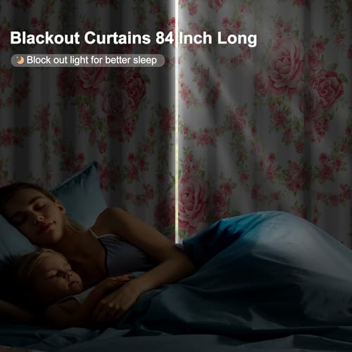 Pink Rose Spring Curtains for Girls Bedroom, Cute Floral Blackout Curtains for Bedroom and Nursery, Room Darkening Thermal Living Room Bedroom Curtains 84 Inch Length 2 Panels Set with Tiebacks - color: Pink Roses