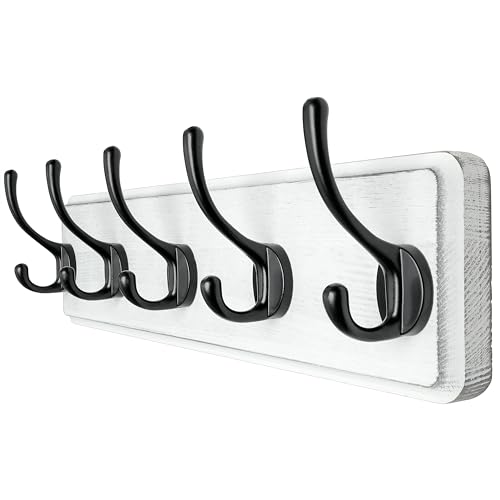Dseap Coat Rack Wall: Patented, Heavy-Duty, 17.4" Long 5-Double-Hooks Wooden Wall Mounted Coat Rack Coat Hanger Hook Rail for Winter Coats Hat Jacket Clothing, White & Black - color: White & Black, size: L=17.4" (1pcs)
