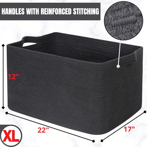 MINTWOOD Design 22in Extra Large Blanket Basket Holder Living Room, Rectangle Rope Woven Storage Basket with Handles for Laundry, Pool Towels, and Shoes, Dog Toy Organizer Bin Box, Charcoal - color: Charcoal Gray