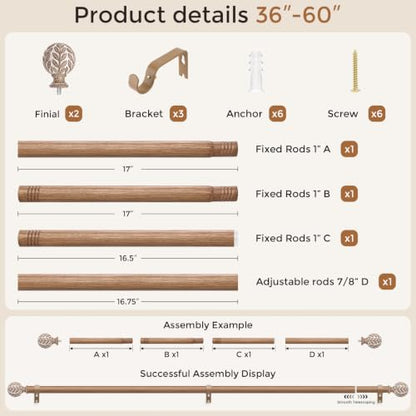 Curtain Rod 36-60 Inch, Boho Wood 1 Inch Curtain Rods for Windows - color: White Wood, size: 36''-60'' (1 Pack)