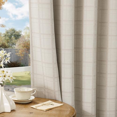 Beauoop Beige Plaid Jacquard Blackout Curtains for Bedroom 52x84 2 Panels - color: Beige, size: 52"W x 84"L (Pack of 2)