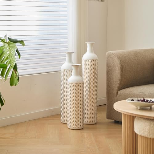 White Metal Floor Vase Set of 3 - Modern Glazed Tall Standing Vase for Home Decor, Living Room & Wedding Centerpieces, Tall Metal Standing Vases for Home Decor (White+Gold Ear of Wheat) - color: White+gold Ear of Wheat