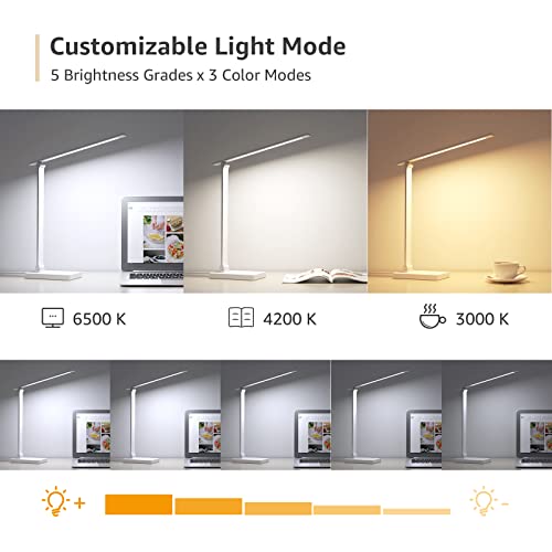 Lepro LED Desk Lamp with USB Charging Port for Dorm Room, 700LM 9.5W, White - color: White
