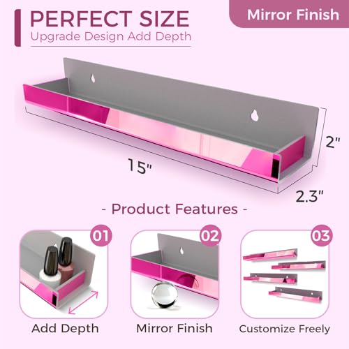 4 Pack 15 Inch Pink Reflective Acrylic Floating Wall Shelves - color: 15in-pink Mirror
