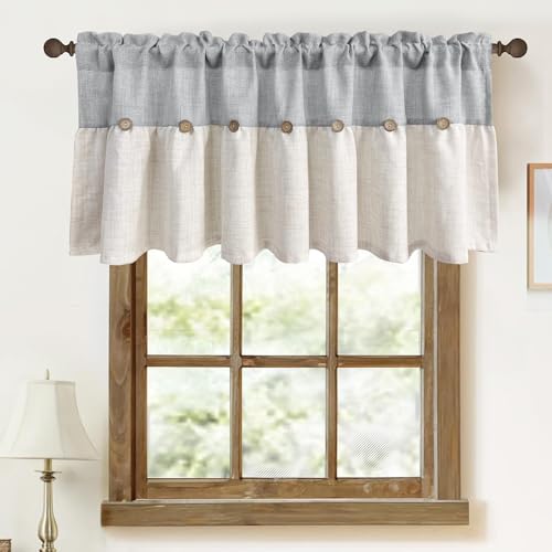 Farmhouse Boho Linen Button Valance for Kitchen Window Dining Room - color: Grey, size: 52"W x 20"L (Pack of 1)
