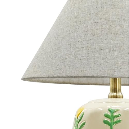 Abani Rosalie Floral 19” Table Lamp – Cream Ceramic Base with Wheat Linen Cylinder Shade, E26 2-Way Bulb Included – Elegant Bedside Lamp for Bedroom, Living Room, Entryway or Nightstand