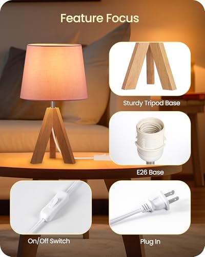 Pink Table Lamp, Small Tripod Table Lamp, Boho Bedside Lamp with Pink Linen Shade & Wood Base, Modern Nightstand Lamps, Little Cute Desk Lamp for Girls Room, Kids Room, Bedroom, P51TL05 - color: Pink+Natural Wood