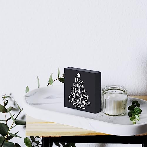 Funny Christmas Wooden Box Sign Plaque We Wish You a Merry Christmas Black Wood Box Sign Rustic Art Home Shelf Desk Decor 5 x 5 x 1 Inches - color: Merry Christmas26