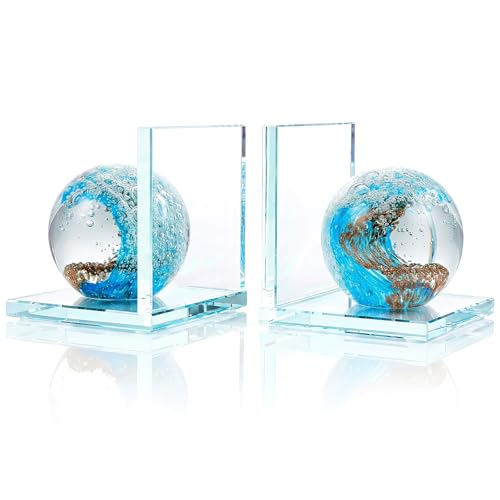 Glass Book Ends Set of 2, L-Shaped Bookends with Sea Wave Ball Design – Non Skid Heavy Duty Decorative Book Stopper for Shelves, Desk, and Home Office - color: Light Blue